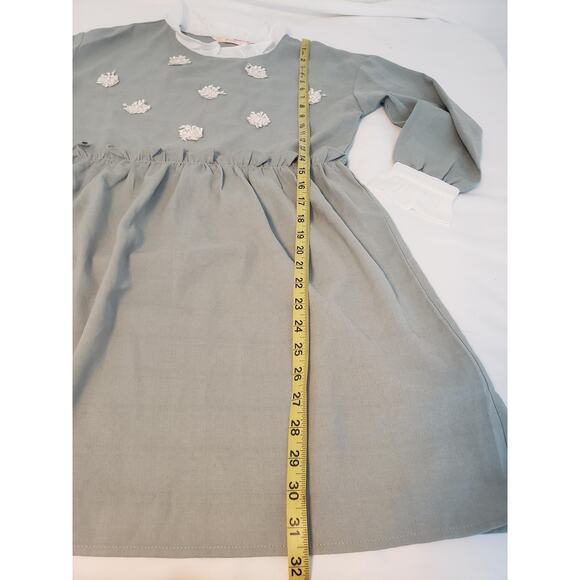 YOCO Dress Womens Small Sage Green Long Sleeve Ruffle Collar Floral Applique - Picture 11 of 16